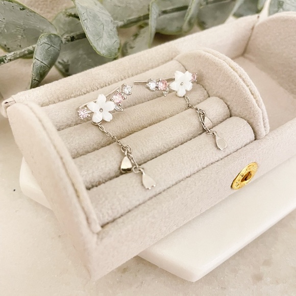 925 Sterling Silver Cherry Blossom Earrings Dangle Flower Petal Drop Earrings - Picture 3 of 5